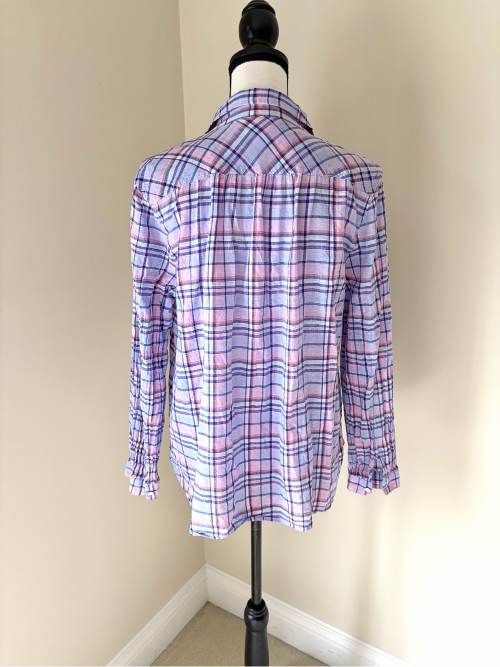 J.Crew Plaid Cotton Popover Shirt Blouse Pink Blue Size 12 - Picture 4 of 8